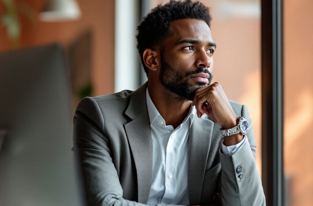 alt="Reflective business professional in grey suit gazing thoughtfully through window, representing high achievers seeking authentic connection"