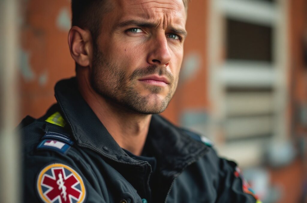 alt="Dedicated paramedic in uniform with EMT badge, showing both strength and emotional depth, representing first responders who balance professional demands with personal wellbeing"