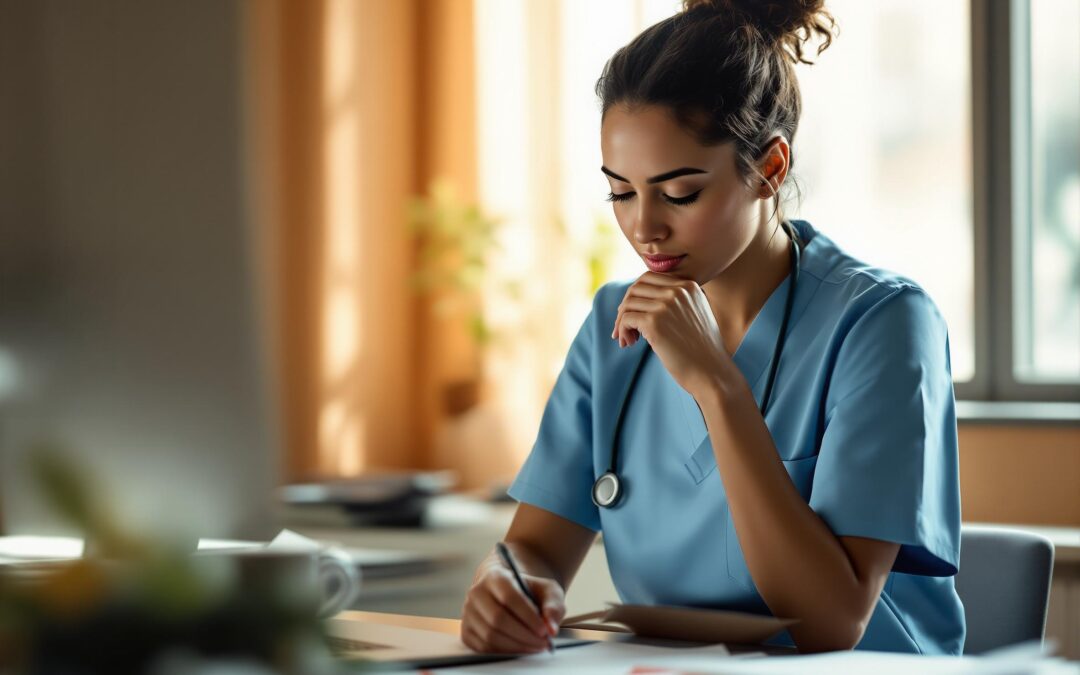 Healthcare professional sitting thoughtfully at desk, representing perfectionism in healthcare professionals and burnout. Natural lighting creates warm, contemplative atmosphere in office setting.