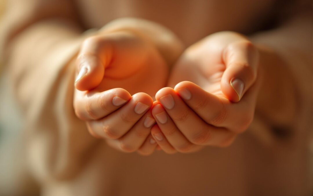 Gentle cupped hands in a receiving position, bathed in warm terra cotta lighting. The hands suggest both holding space and receptivity, symbolizing how the body holds memories even when they're unclear. The soft gradient background transitions from cream to clay, using Lumus brand colors to create a sense of safety and containment.