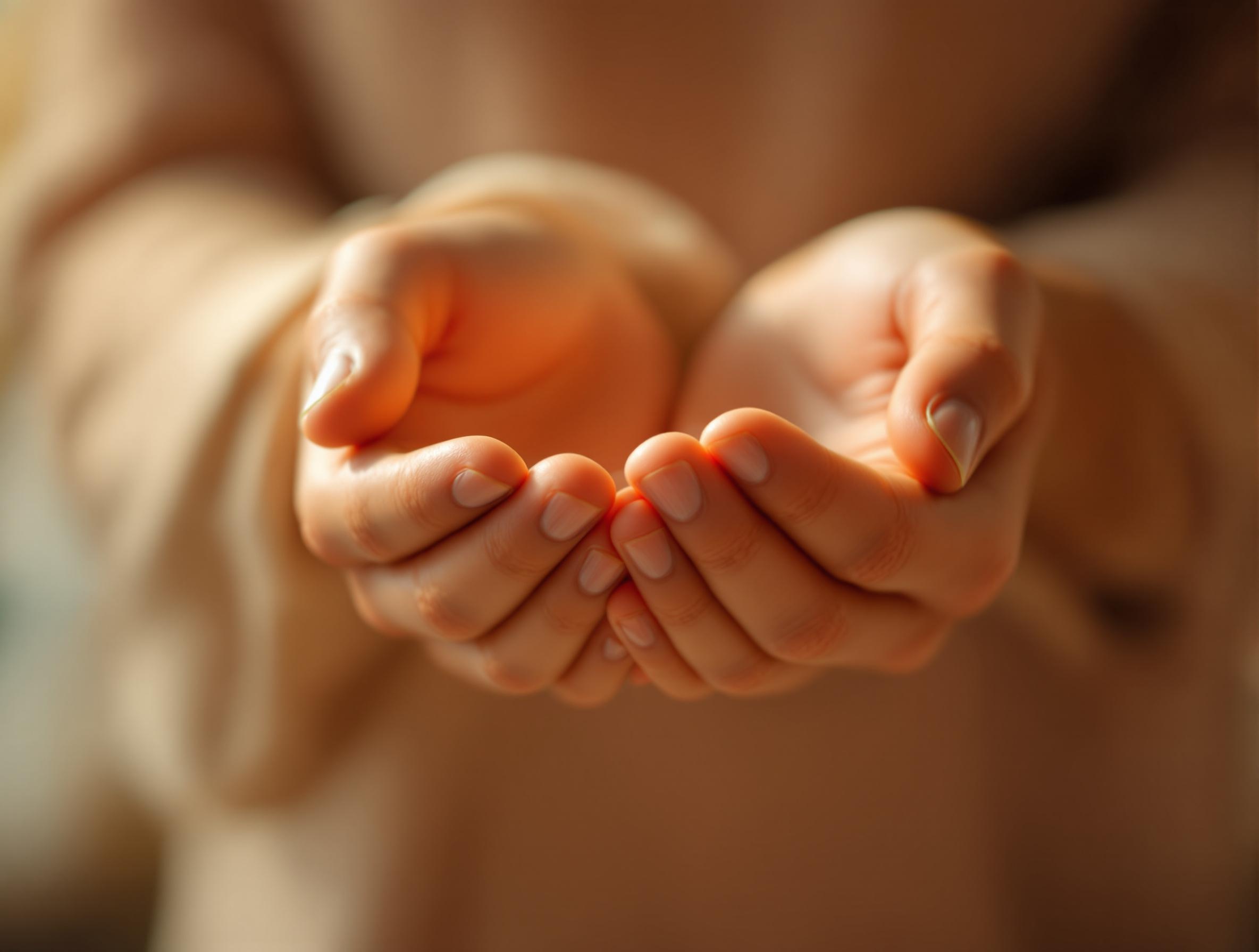 image (45) Gentle cupped hands in a receiving position, bathed in warm terra cotta lighting. The hands suggest both holding space and receptivity, symbolizing how the body holds memories even when they're unclear. The soft gradient background transitions from cream to clay, using Lumus brand colors to create a sense of safety and containment.