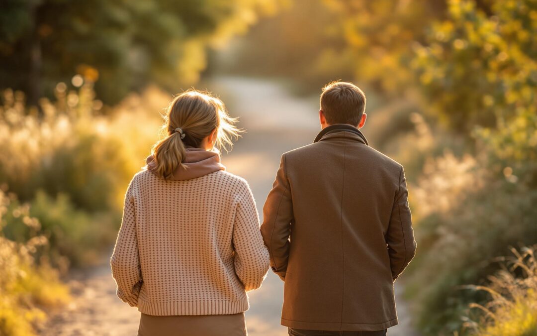 "Two people walking together on a sunlit path, representing the therapist as fellow traveller approach. The scene captures authentic therapeutic connection in warm terra cotta tones."