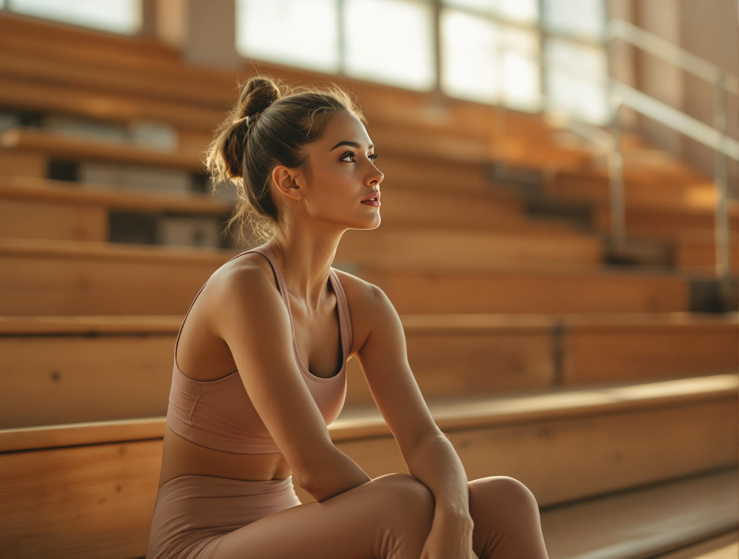 image (47) A female athlete sits thoughtfully on wooden gym bleachers, bathed in warm natural light. The scene captures a moment of reflection and mental preparation, embodying the balance between athletic achievement and emotional wellbeing. The image features Lumus Counselling's signature terra cotta and cream tones.